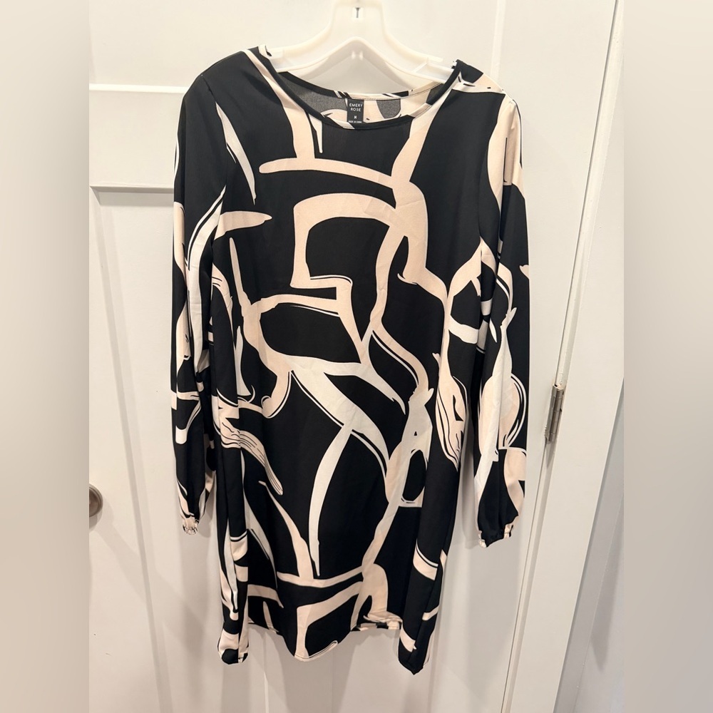 Abstract Print Shift Dress Black Cream Long Sleeve Casual Dress Women’s M